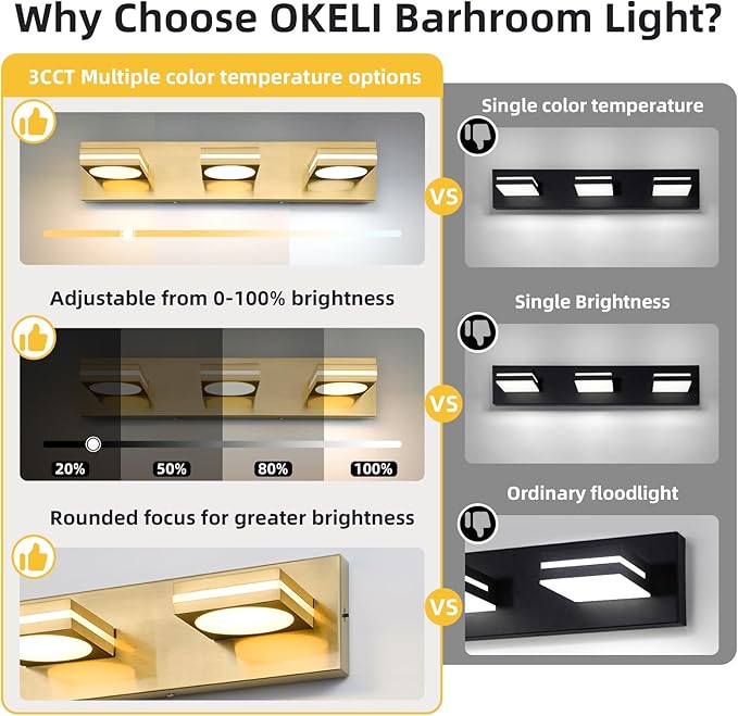 OKELI 3-Light LED Bathroom Vanity Light Fixtures, Gold Modern Bathroom Wall Lighting Fixtures Over Mirror (3CCT, 3000K-6000K)