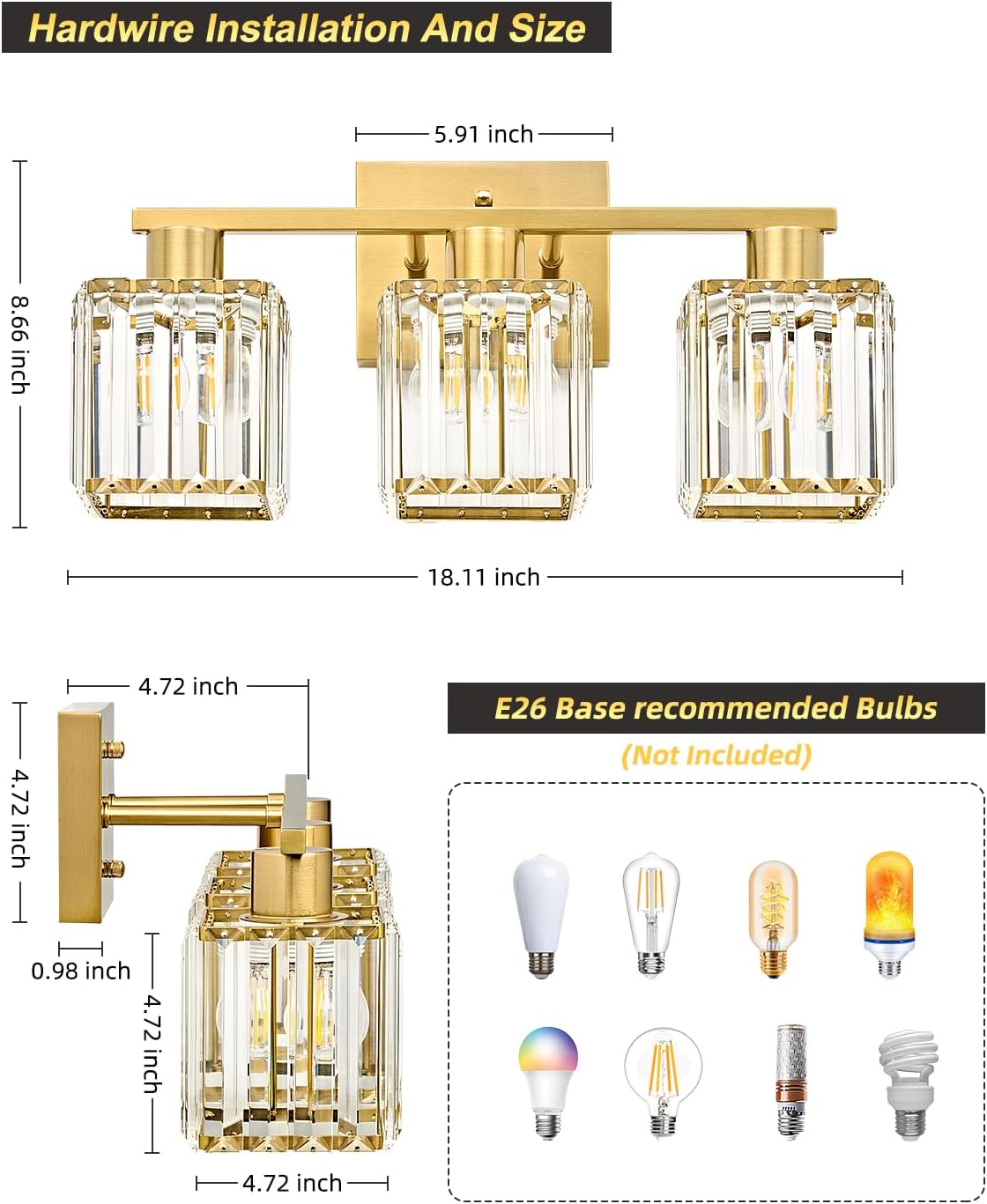 Crystal Vanity Light Fixture | 3 or 4-Light Bathroom Wall Sconce — Gold, Matte Black or Brushed Nickel, ETL Listed Over-Mirror Light