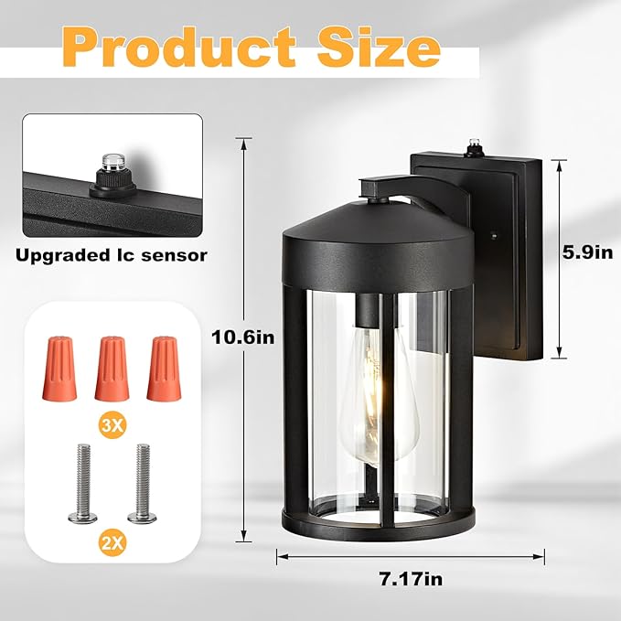 Black outdoor wall light fixture with measurements and components on a white background