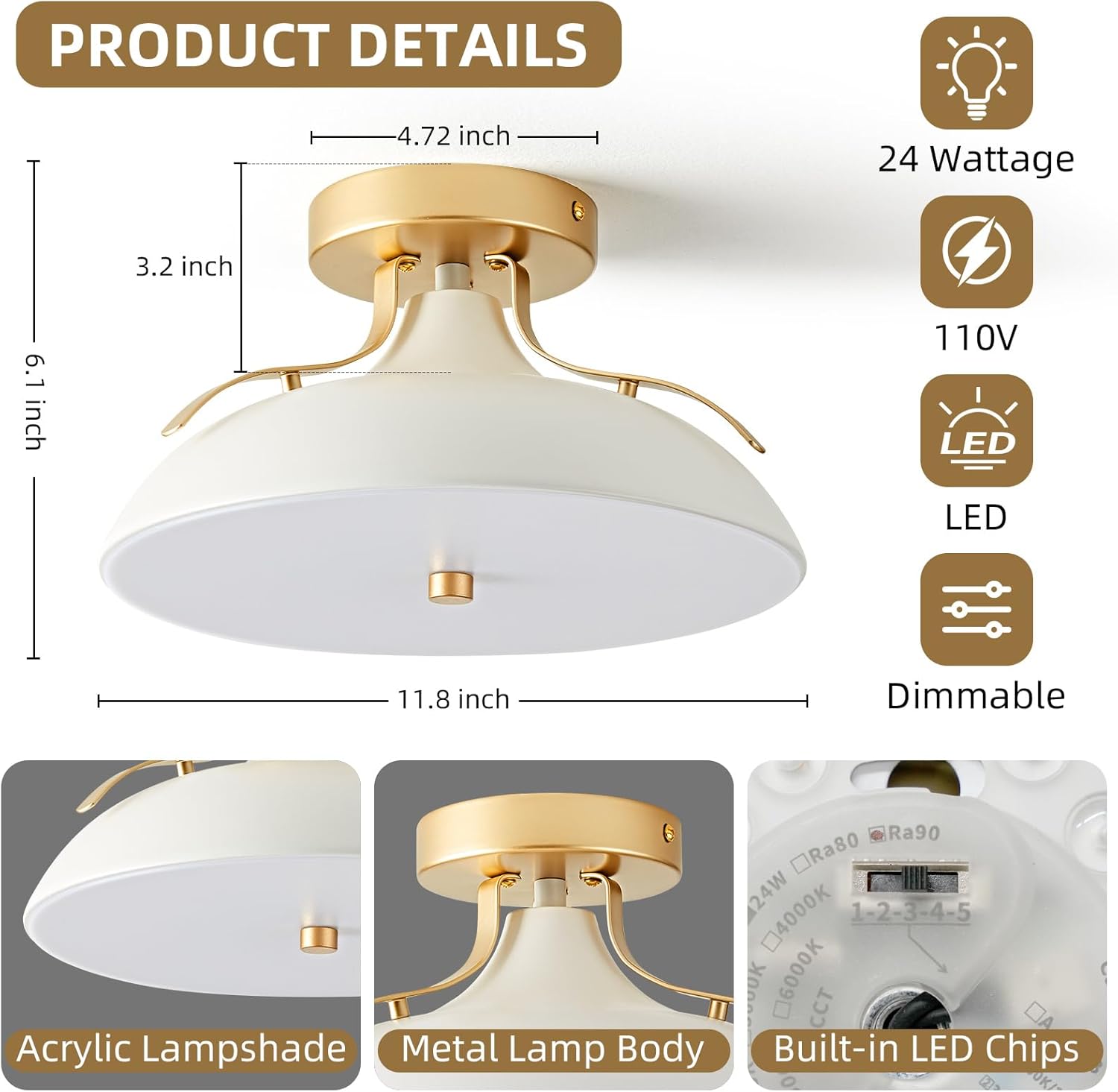 OKELI Dimmable LED Ceiling Light Fixture, 5CCT Modern Semi Flush Mount Ceiling Light 2700K-6000K