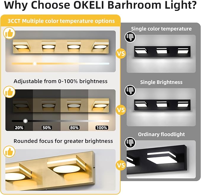 OKELI 4-Light LED Bathroom Vanity Light Fixtures Gold Modern Wall Lighting Fixtures Over Mirror 3CCT 3000K-6000K