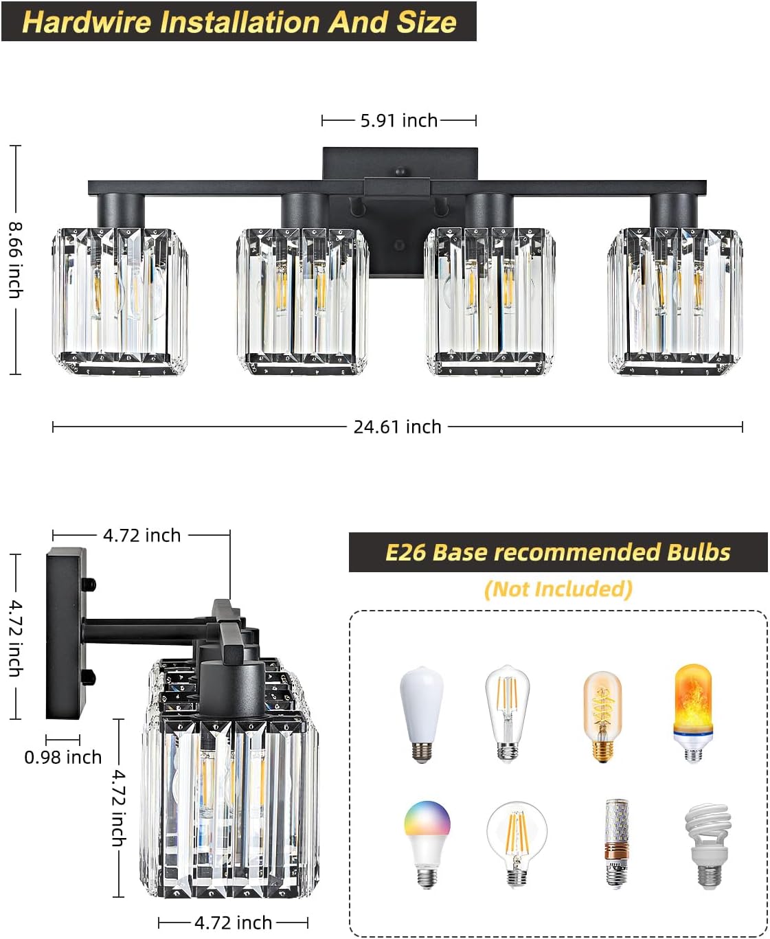 Crystal Vanity Light Fixture | 3 or 4-Light Bathroom Wall Sconce — Gold, Matte Black or Brushed Nickel, ETL Listed Over-Mirror Light