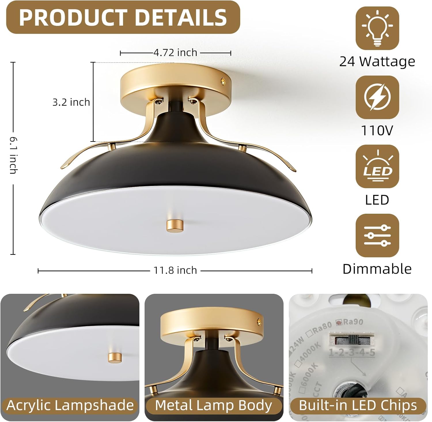OKELI Dimmable LED Ceiling Light Fixture, 5CCT Modern Semi Flush Mount Ceiling Light 2700K-6000K