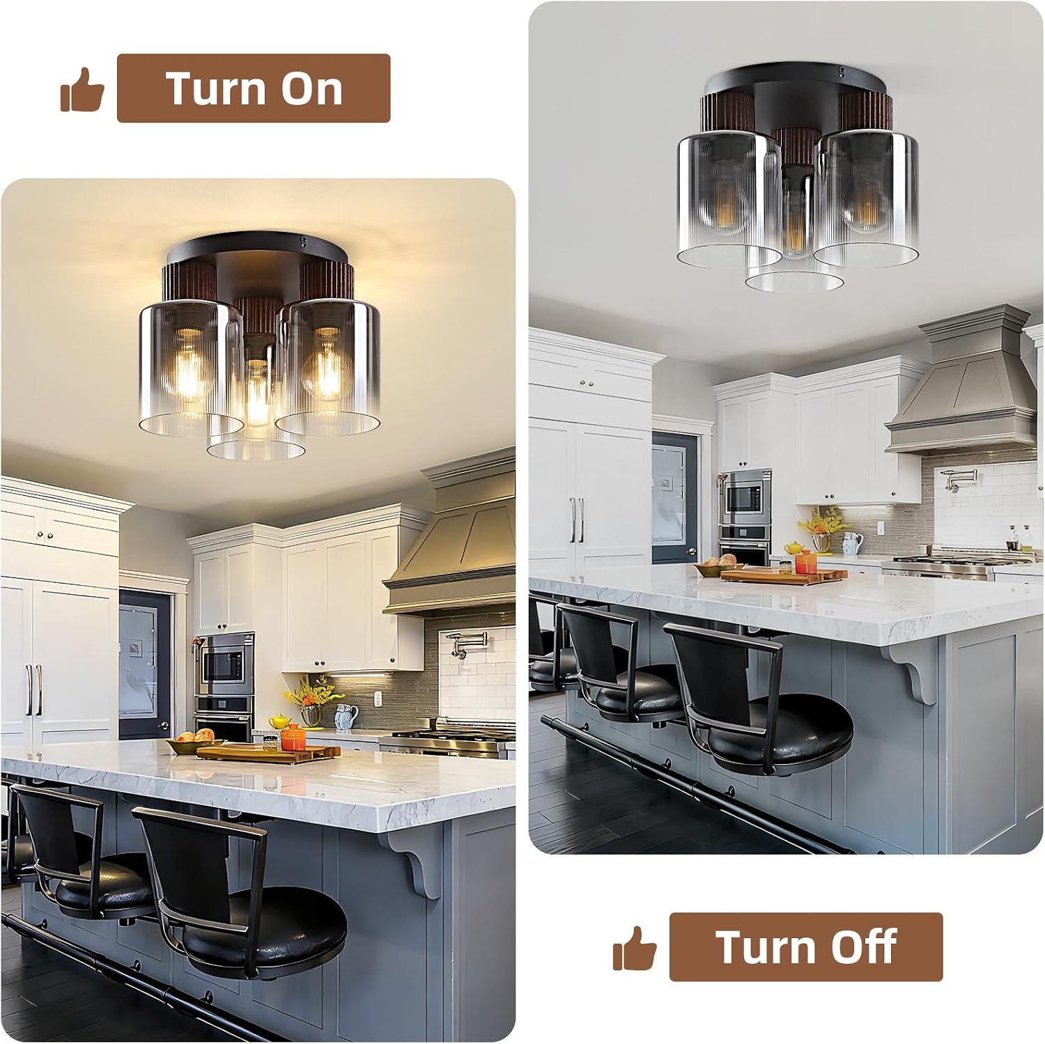 Modern Semi-Flush Mount Ceiling Light with Gray Gradient Glass & Walnut Wood, 3-Light / 5-Light