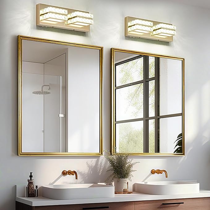 OKELI Crystal LED Bathroom Vanity Light Fixture Gold Over Mirror Modern Indoor 6000K Cold White Dimmable 2-3-4-5Lights 20W ETL Listed
