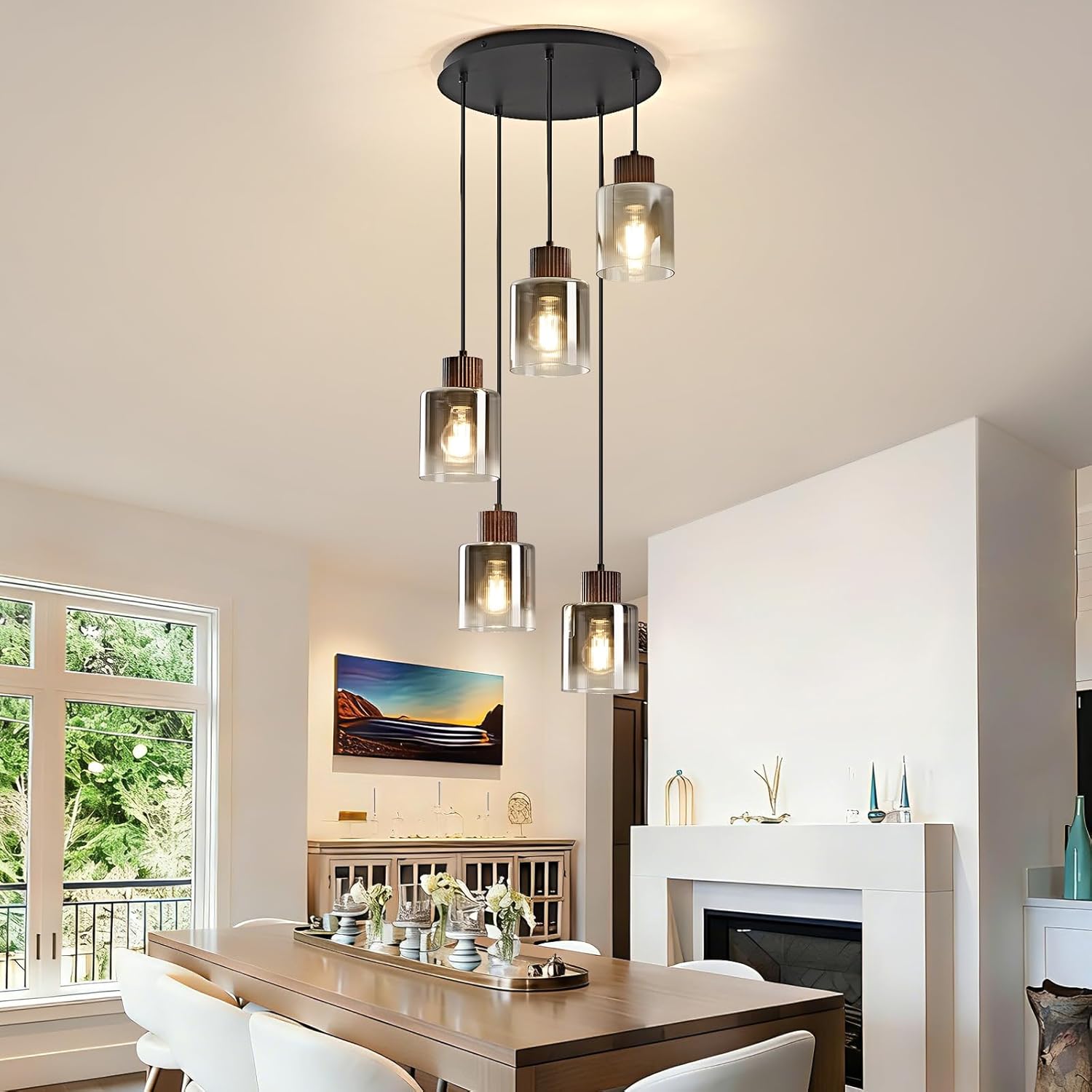 Modern Pendant Light Fixture Black Walnut Wood Chandelier Gray Gradient Glass Shade Kitchen Island Hanging