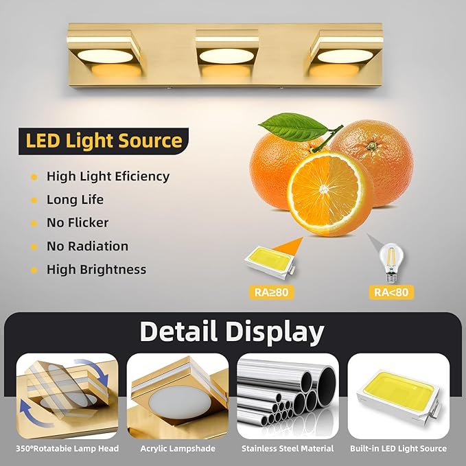 OKELI 3-Light LED Bathroom Vanity Light Fixtures, Gold Modern Bathroom Wall Lighting Fixtures Over Mirror (3CCT, 3000K-6000K)