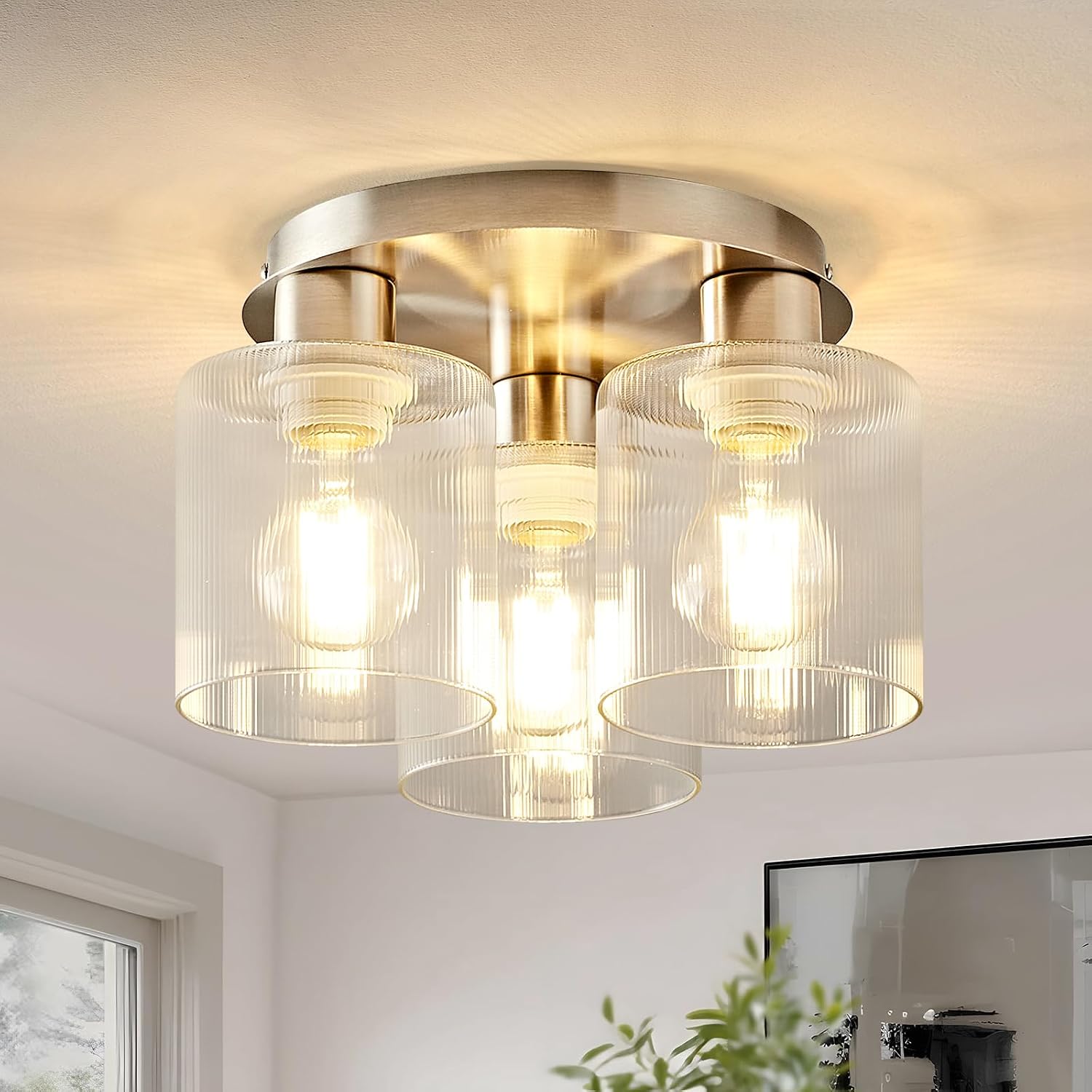Modern Semi-Flush Mount Ceiling Light with Gray Gradient Glass & Walnut Wood, 3-Light / 5-Light