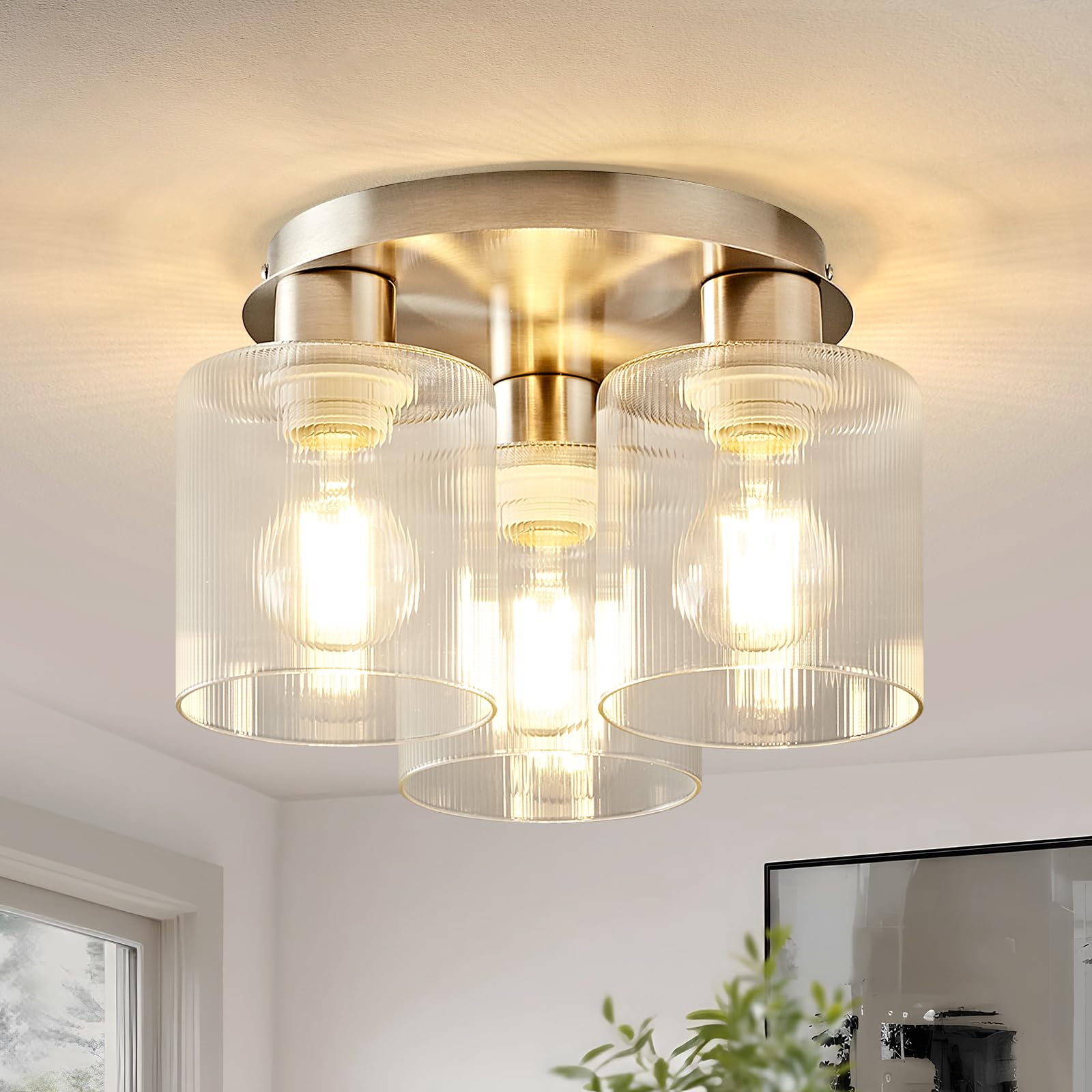 Modern Semi-Flush Mount Ceiling Light with Gray Gradient Glass & Walnut Wood, 3-Light / 5-Light