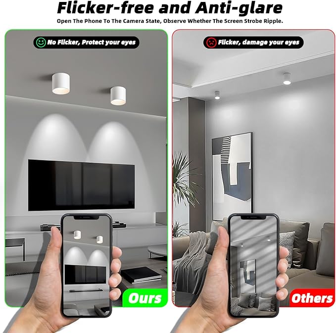 Comparison of flicker-free and anti-glare screen on a smartphone in a living room setting.