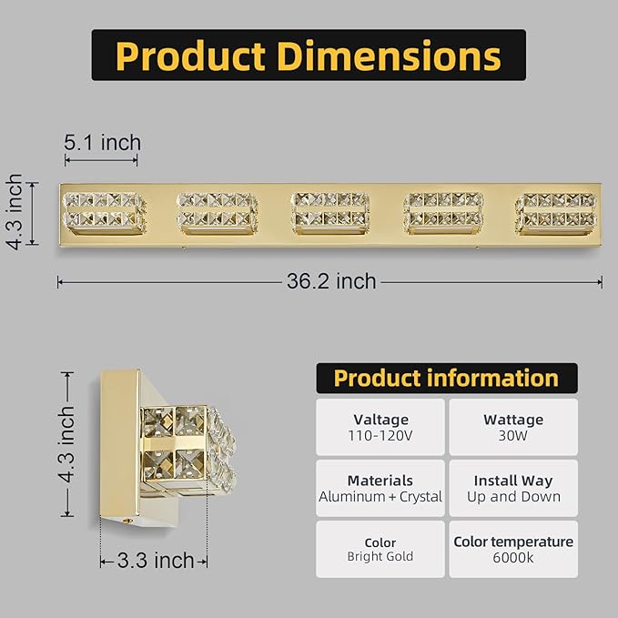 OKELI Crystal LED Bathroom Vanity Light Fixture Gold Over Mirror Modern Indoor 6000K Cold White Dimmable 2-3-4-5Lights 20W ETL Listed