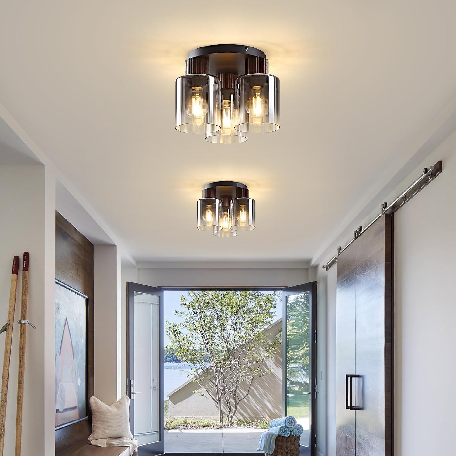 Modern Semi-Flush Mount Ceiling Light with Gray Gradient Glass & Walnut Wood, 3-Light / 5-Light