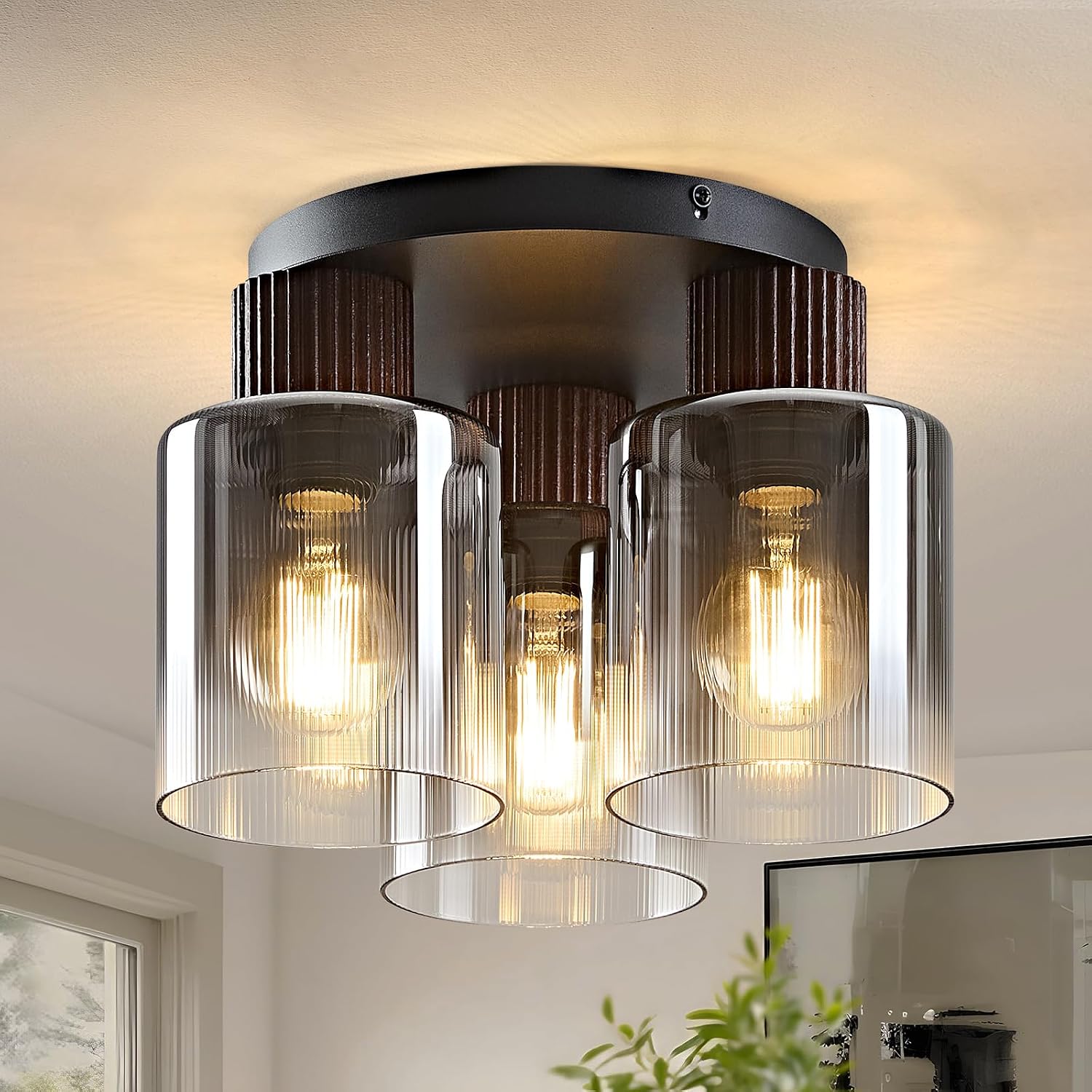 Modern Semi-Flush Mount Ceiling Light with Gray Gradient Glass & Walnut Wood, 3-Light / 5-Light