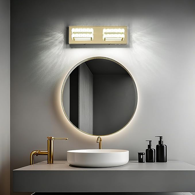 OKELI Crystal LED Bathroom Vanity Light Fixture Gold Over Mirror Modern Indoor 6000K Cold White Dimmable 2-3-4-5Lights 20W ETL Listed