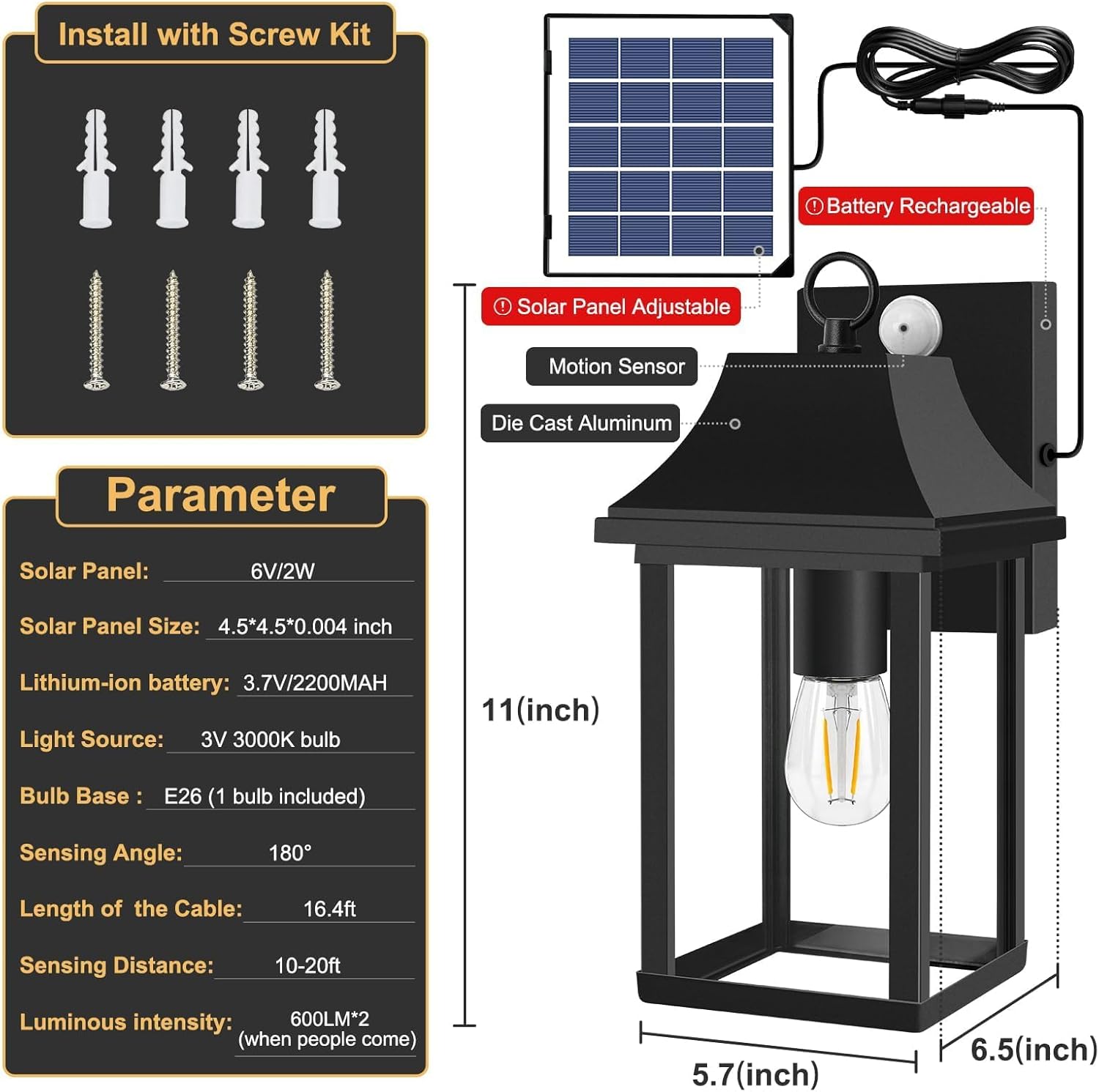OKELI Solar Motion Sensor Porch Light – Dusk to Dawn, Replaceable Battery, Waterproof Wall Sconce