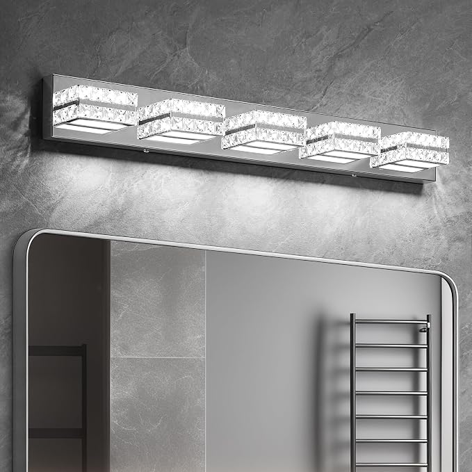Modern LED Crystal Bathroom Vanity Light, Dimmable Wall Sconce, Chrome and Gold 2-3-4-5-light