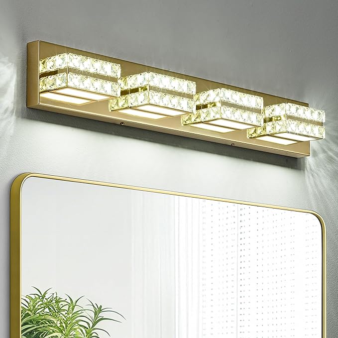 OKELI Crystal LED Bathroom Vanity Light Fixture Gold Over Mirror Modern Indoor 6000K Cold White Dimmable 2-3-4-5Lights 20W ETL Listed 4-light