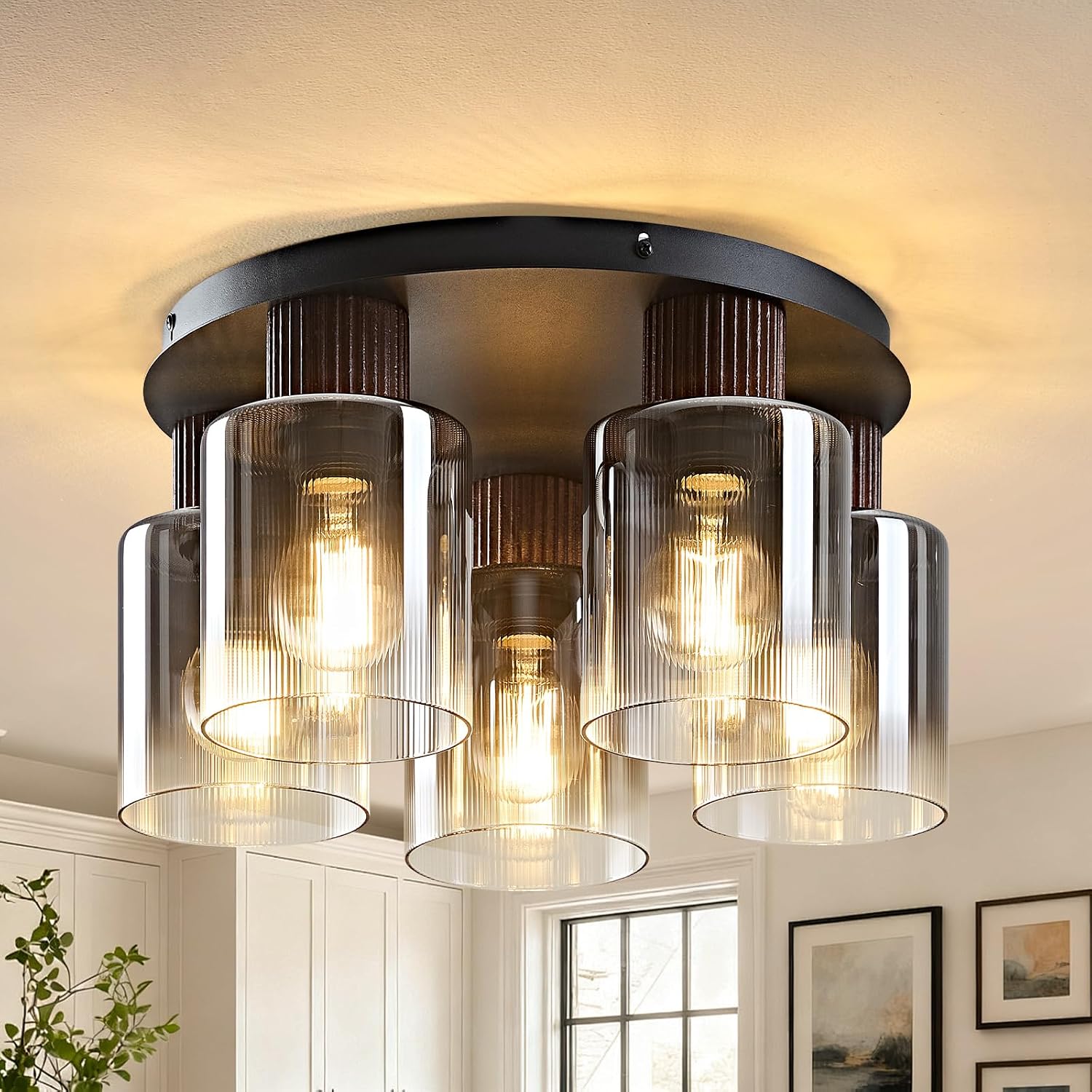 Modern Semi-Flush Mount Ceiling Light with Gray Gradient Glass & Walnut Wood, 3-Light / 5-Light