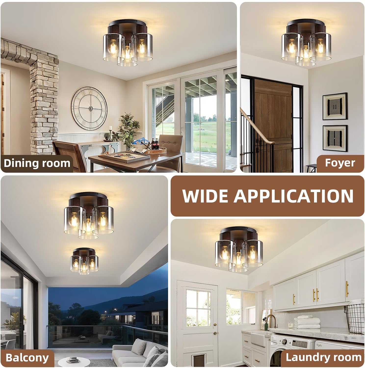 Modern Semi-Flush Mount Ceiling Light with Gray Gradient Glass & Walnut Wood, 3-Light / 5-Light