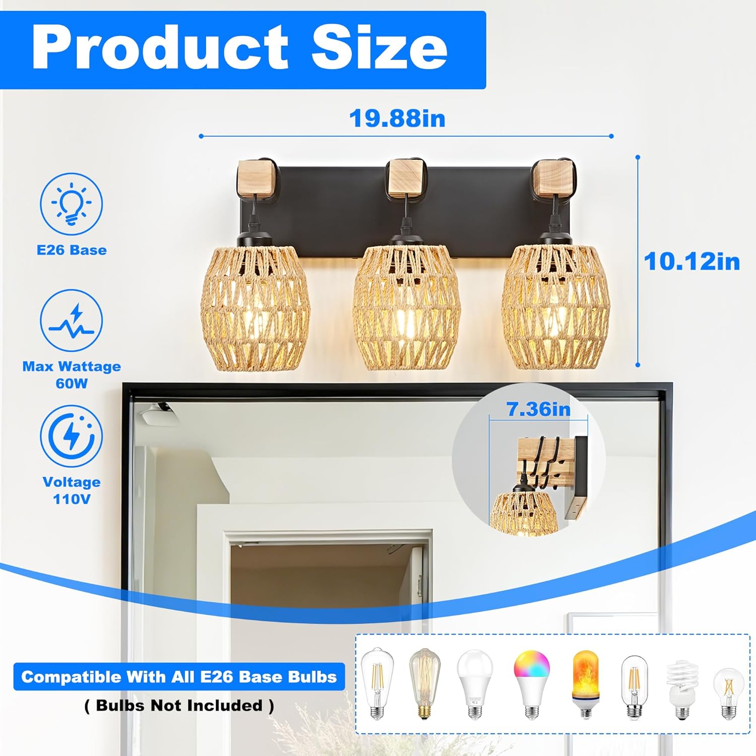 OKELI Boho Rattan Bathroom Vanity Light – Handwoven Wicker Wall Sconce, Rustic Wood & Black Finish, E26 Dimmable (2–6 Lights)