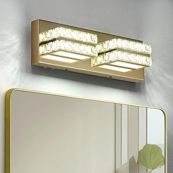 OKELI Crystal LED Bathroom Vanity Light Fixture Gold Over Mirror Modern Indoor 6000K Cold White Dimmable 2-3-4-5Lights 20W ETL Listed 2-light