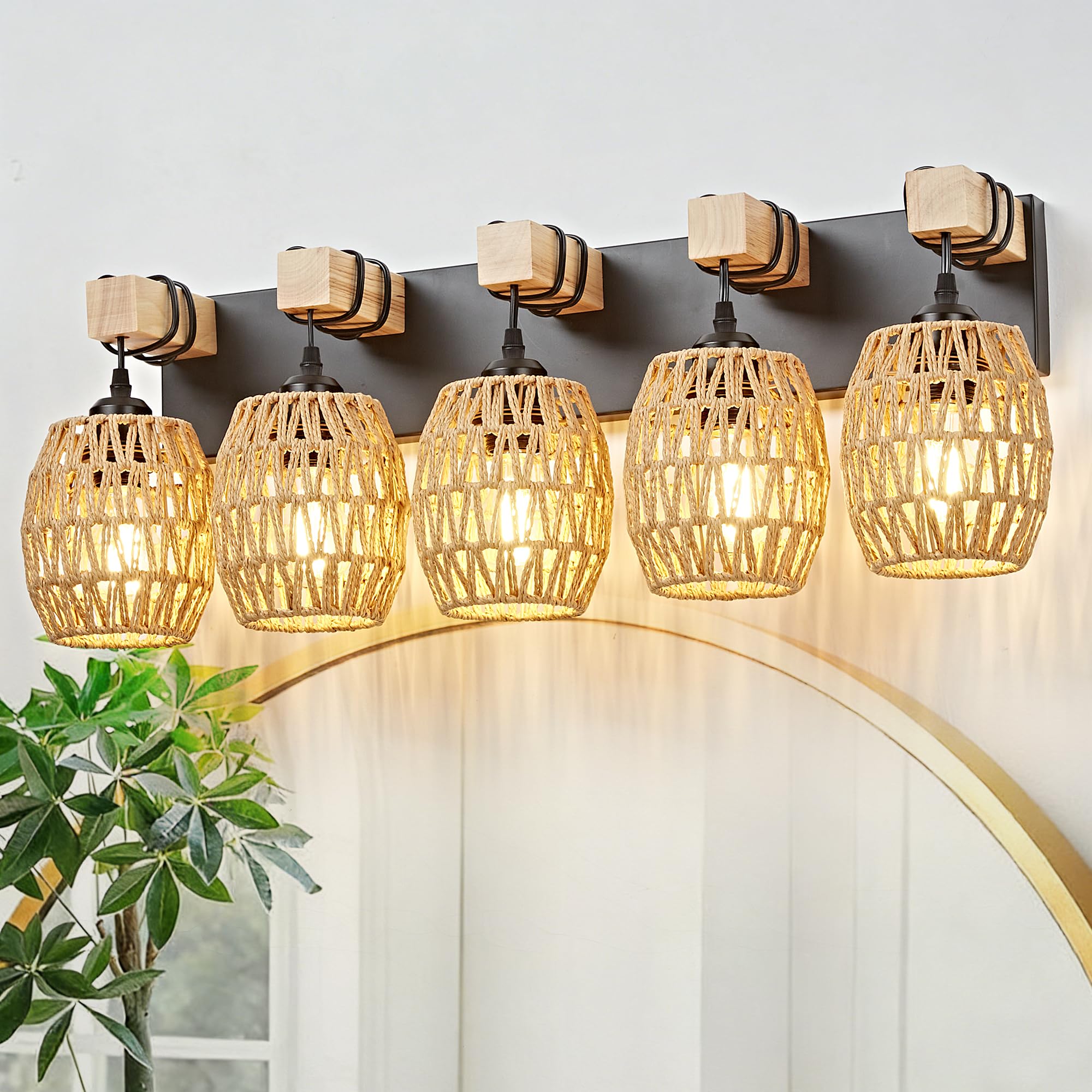 OKELI Boho Rattan Bathroom Vanity Light – Handwoven Wicker Wall Sconce, Rustic Wood & Black Finish, E26 Dimmable (2–6 Lights)