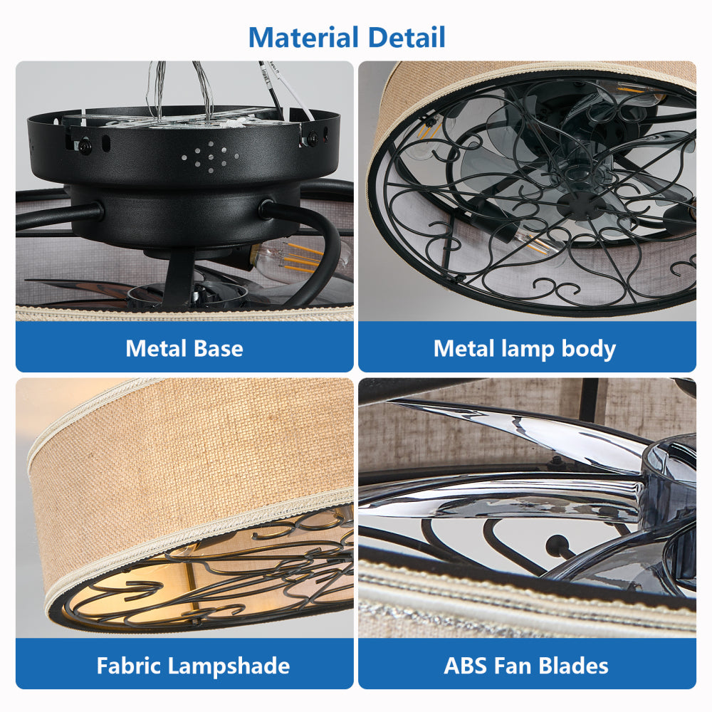 20-Inch Caged Ceiling Fans with Lights Flush Mount Low Profile Fabric Farmhouse Bladeless