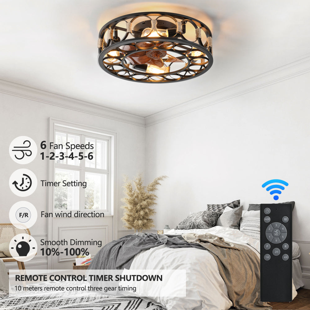 Low Profile Caged Ceiling Fan with Lights Remote Control 6 Speeds Reversible Farmhouse Flush Mount