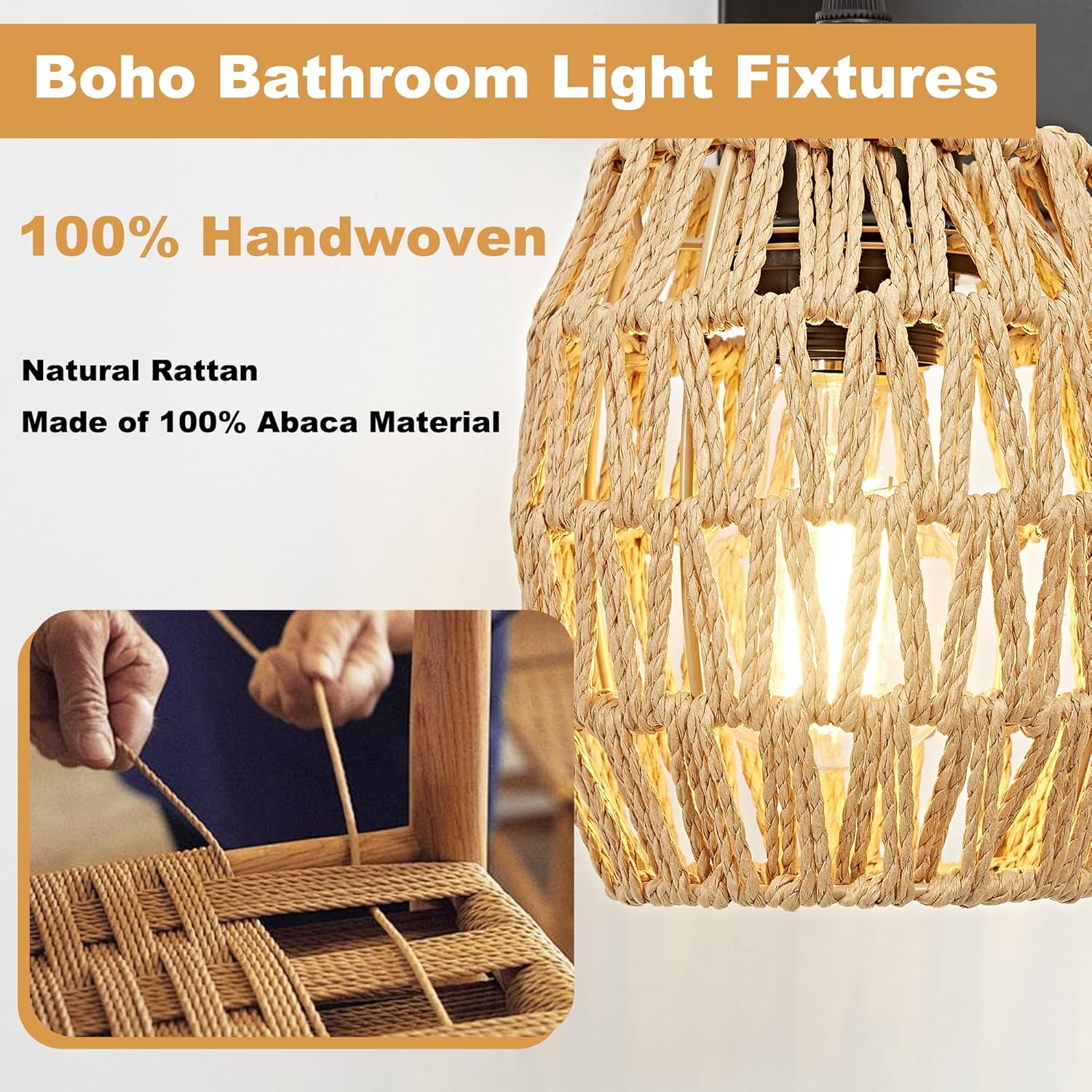 OKELI Boho Rattan Bathroom Vanity Light – Handwoven Wicker Wall Sconce, Rustic Wood & Black Finish, E26 Dimmable (2–6 Lights)