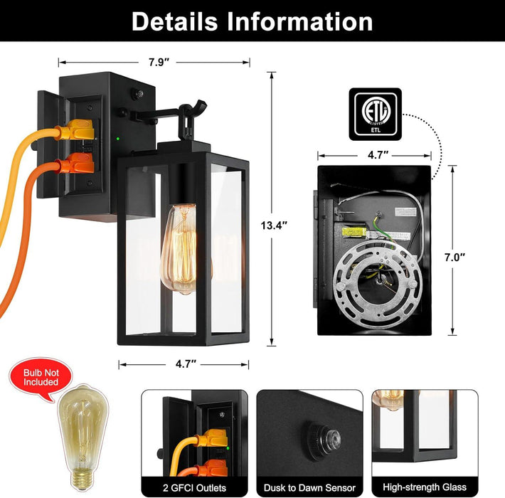 Outdoor Wall Lights, 2 Pack Porch Lights Dusk to Dawn with GFCI Outlet - okeli lights