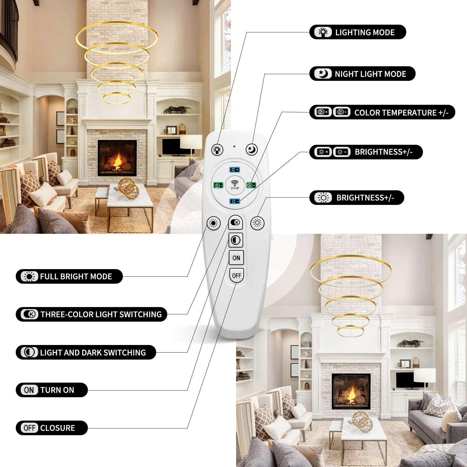 OKELI Modern LED 5 Rings Gold Large Chandelier, Dimmable High Ceiling Foyer Chandelier Light Fixtures - okeli lights