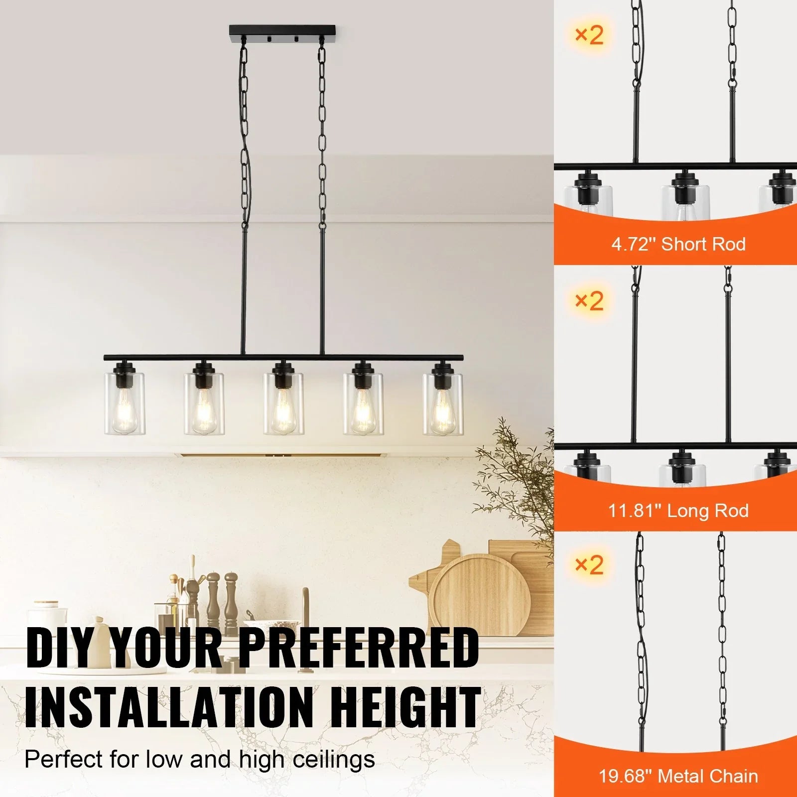 5-Light Kitchen Island Pendant Lights 60W Adjustable Dining Room Light E26 - okeli lights