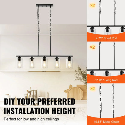 5-Light Kitchen Island Pendant Lights 60W Adjustable Dining Room Light E26 - okeli lights