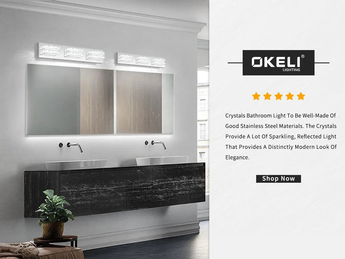 Bathroom Vanity Light Crystal Dimmable LED 3-Light Modern Chrome Fixtures - okeli lights