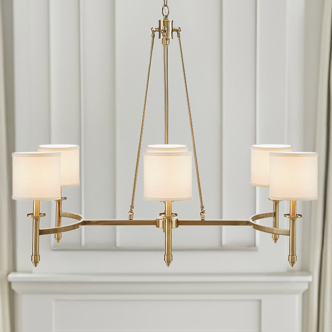 Antique Gold 6-Light Chandelier with Fabric Drum Shades Elegant Modern Ceiling Fixture for Dining & Living Spaces