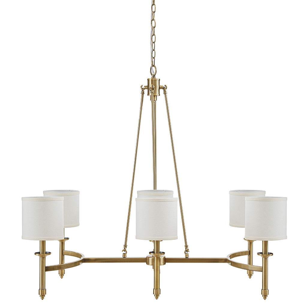 Antique Gold 6-Light Chandelier with Fabric Drum Shades Elegant Modern Ceiling Fixture for Dining & Living Spaces