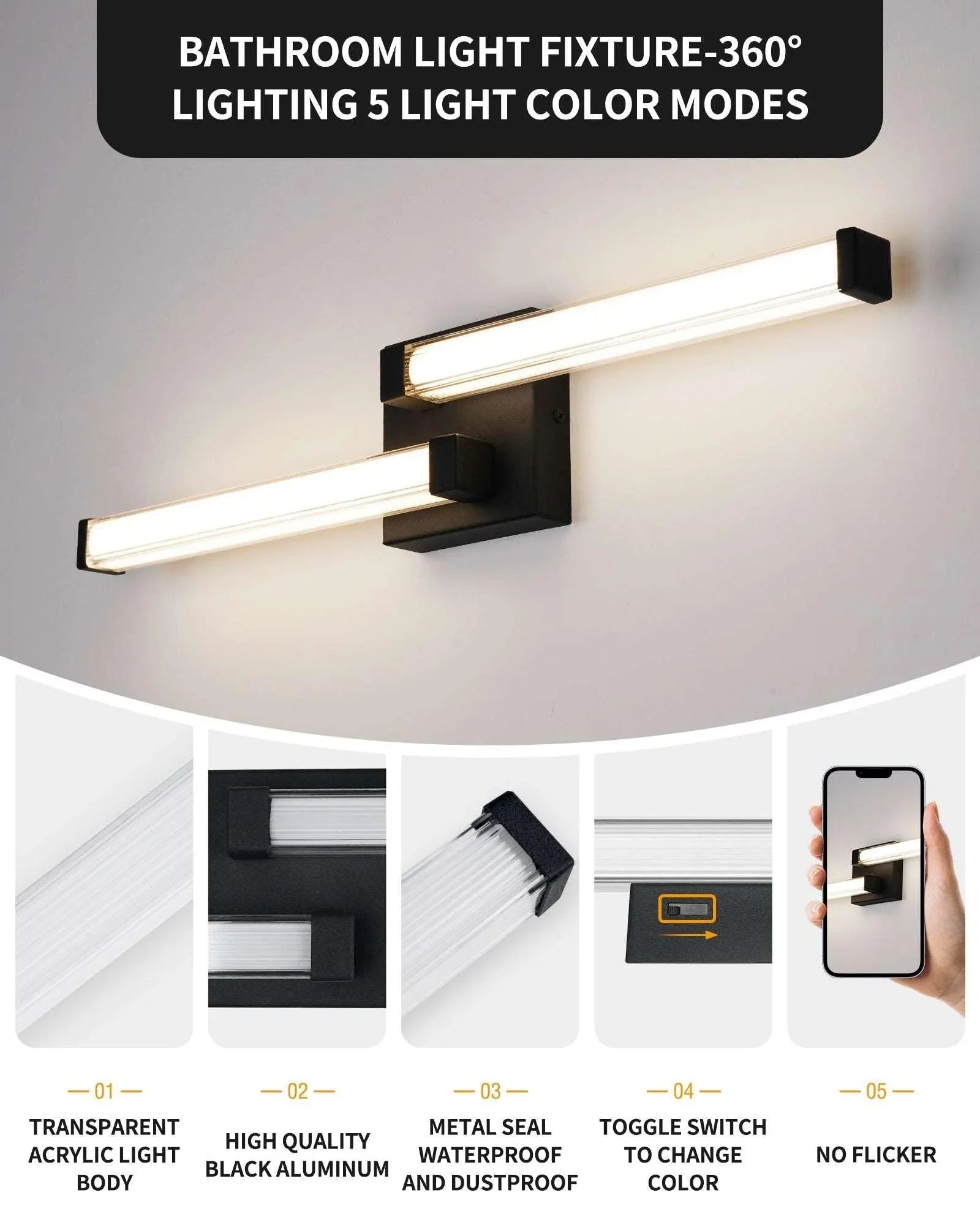 Black Vanity Lights Bathroom LED Dimmable Modern Wall Lighting - okeli lights