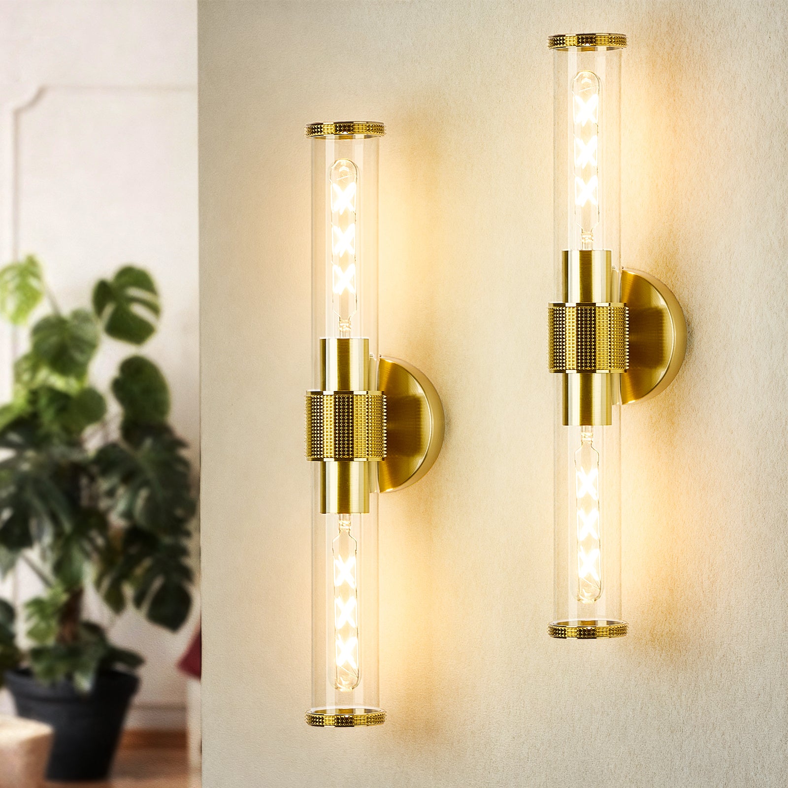 OKELI Wall Sconces Set 2Pack, 20.3" Black and Gold Bathroom Lighting with Clear Glass, Hardwired Modern Wall Decor Light fixtures