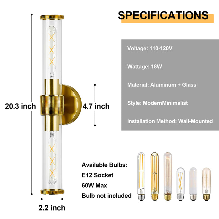 OKELI Wall Sconces Set 2Pack, 20.3" Black and Gold Bathroom Lighting with Clear Glass, Hardwired Modern Wall Decor Light fixtures