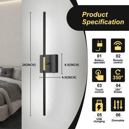 Battery Operated Wall Sconces 2-Pack 350° Rotate LED Wireless Rechargeable with Remote Control - okeli lights