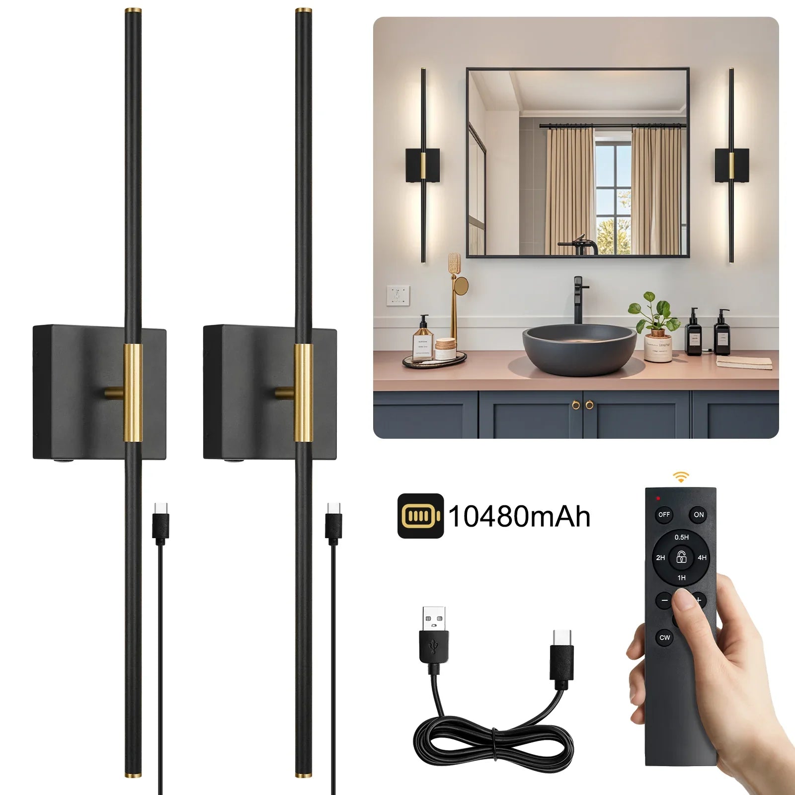 Battery Operated Wall Sconces 2-Pack 350° Rotate LED Wireless Rechargeable with Remote Control - okeli lights