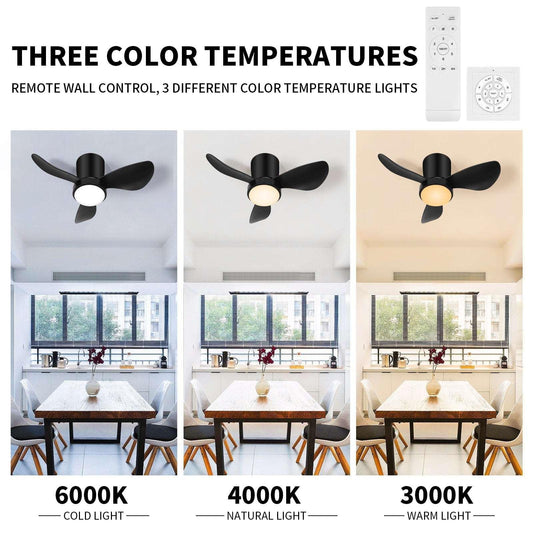 Black Small Ceiling Fan with Lights and Remote Modern Flush Mount LED - okeli lights