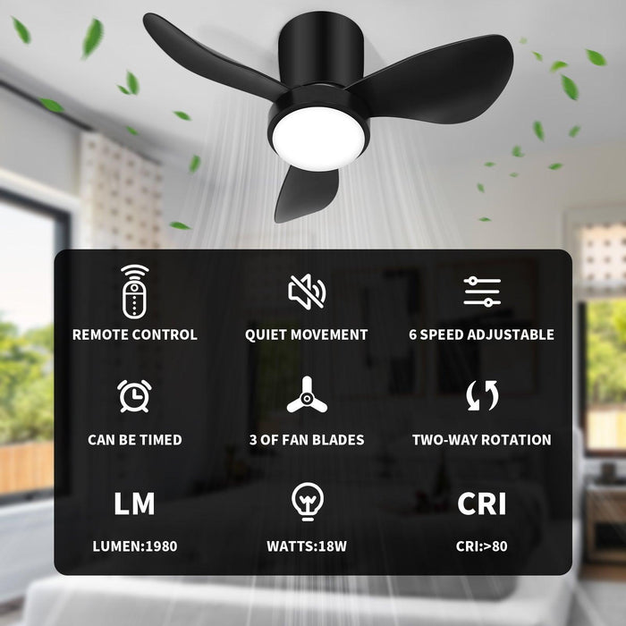Black Small Ceiling Fan with Lights and Remote Modern Flush Mount LED - okeli lights