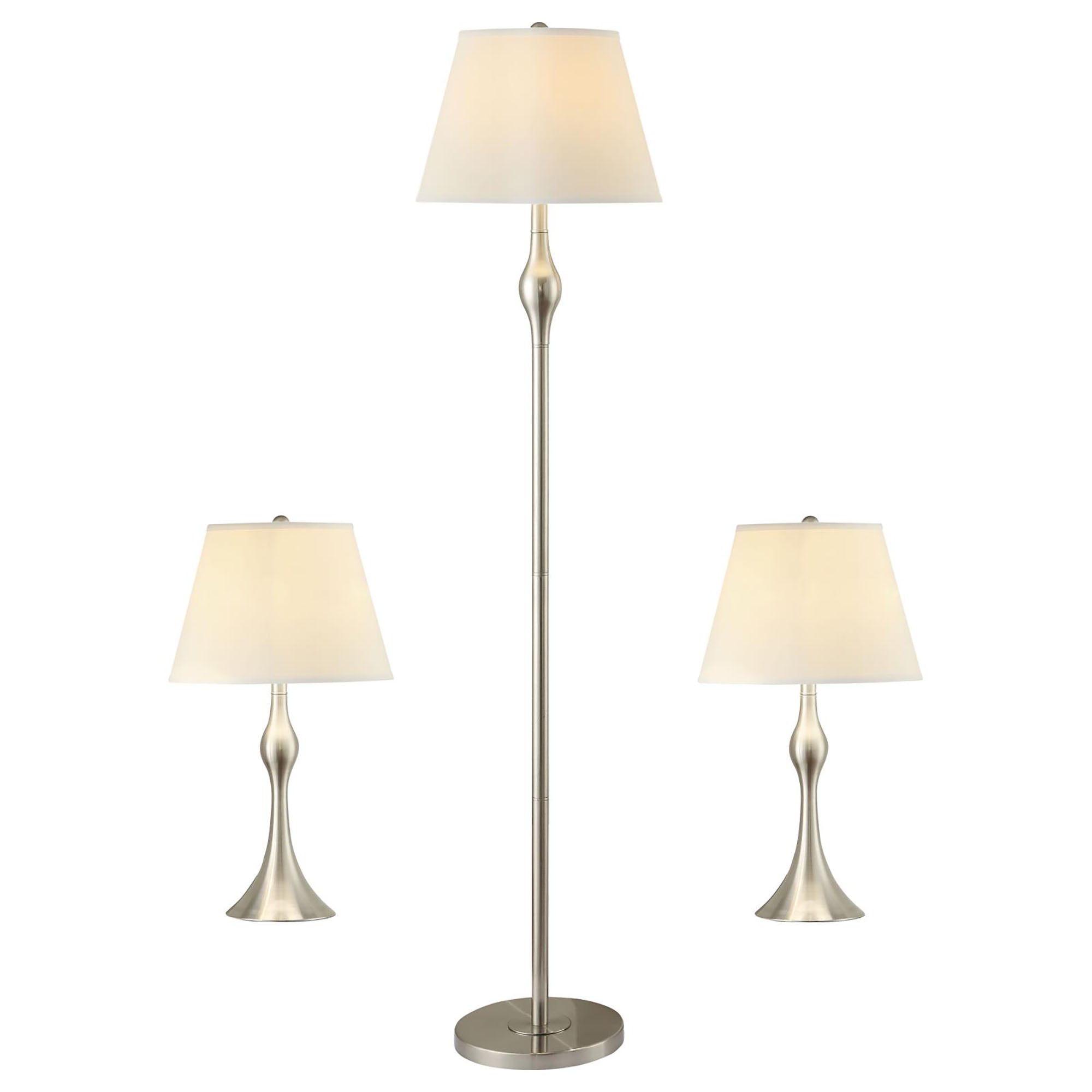 Beige and Brushed Nickel 3-Piece Lamp Set Floor Lamp and 2 Table Lamps with Faux Silk Empire Shades