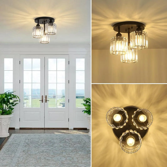 Crystal Semi Flush Mount Ceiling Light 3-Light Black Kitchen Light Fixtures with Clear Crystal Shade - okeli lights