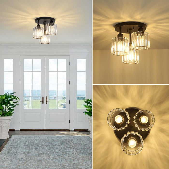 Crystal Semi Flush Mount Ceiling Light 3-Light Black Kitchen Light Fixtures with Clear Crystal Shade