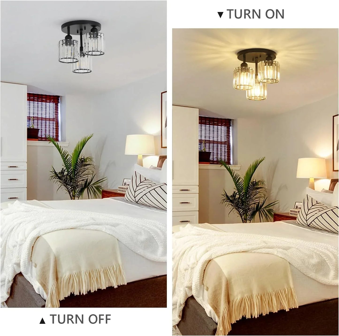 Crystal Semi Flush Mount Ceiling Light 3-Light Black Kitchen Light Fixtures with Clear Crystal Shade - okeli lights