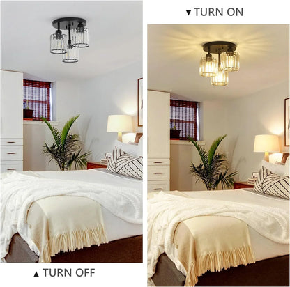 Crystal Semi Flush Mount Ceiling Light 3-Light Black Kitchen Light Fixtures with Clear Crystal Shade - okeli lights