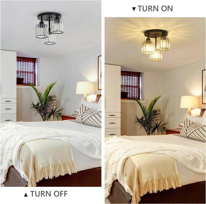 Crystal Semi Flush Mount Ceiling Light 3-Light Black Kitchen Light Fixtures with Clear Crystal Shade