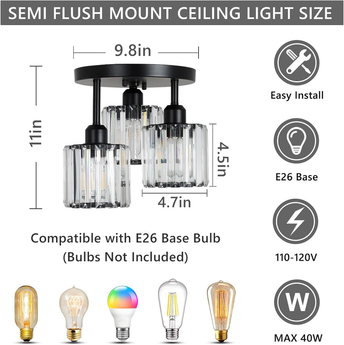 Crystal Semi Flush Mount Ceiling Light 3-Light Black Kitchen Light Fixtures with Clear Crystal Shade